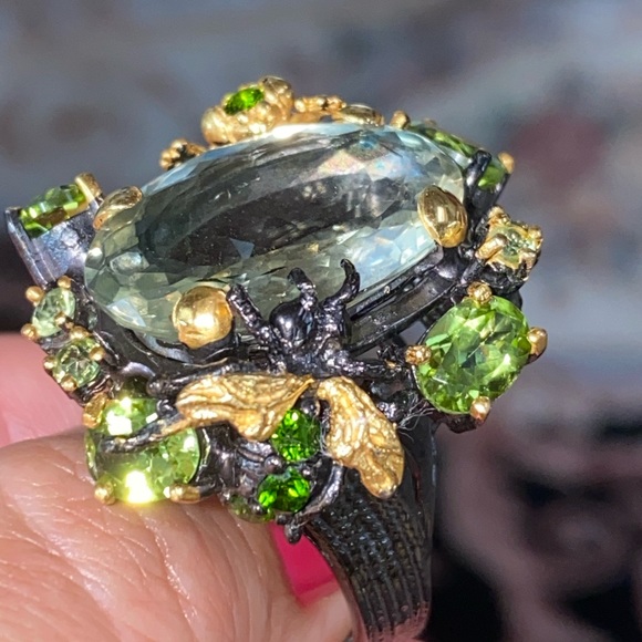 Intricate Genuine Green Amethyst Ring with Gems - Picture 3 of 17